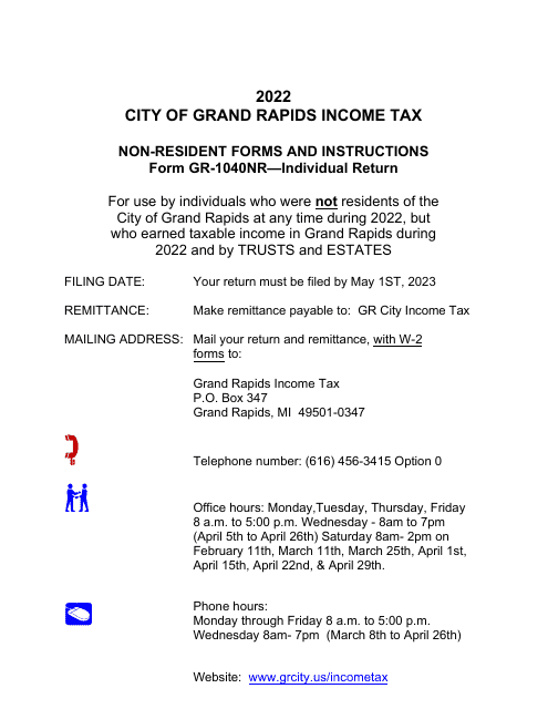 Form GR-1040NR Non-resident Individual Tax Return - City of Grand Rapids, Michigan, 2022