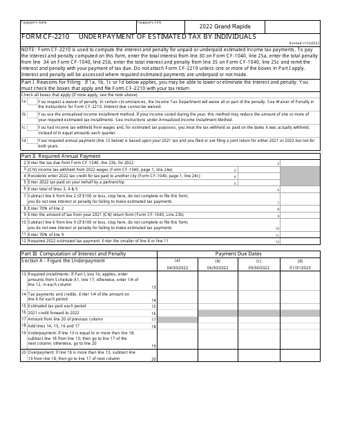 Form CF-2210 Underpayment of Estimated Tax by Individuals - City of Grand Rapids, Michigan, 2022