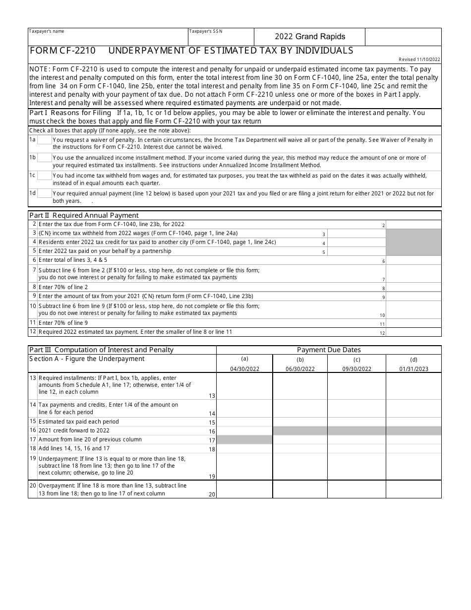 Form CF-2210 Underpayment of Estimated Tax by Individuals - City of Grand Rapids, Michigan, Page 1
