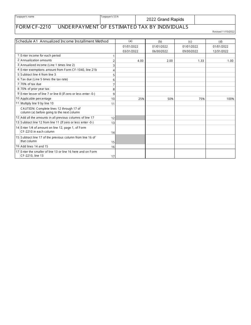 Form CF-2210 Underpayment of Estimated Tax by Individuals - City of Grand Rapids, Michigan, Page 3