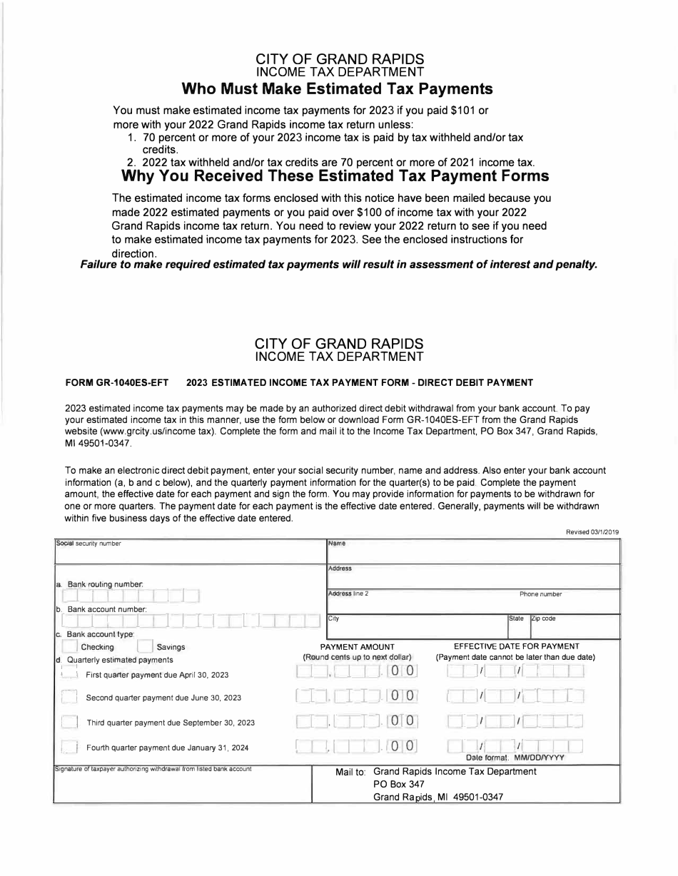 Form GR-1040ES-EFT Estimated Income Tax Payment Form - Direct Debit Payment - City of Grand Rapids, Michigan, Page 1
