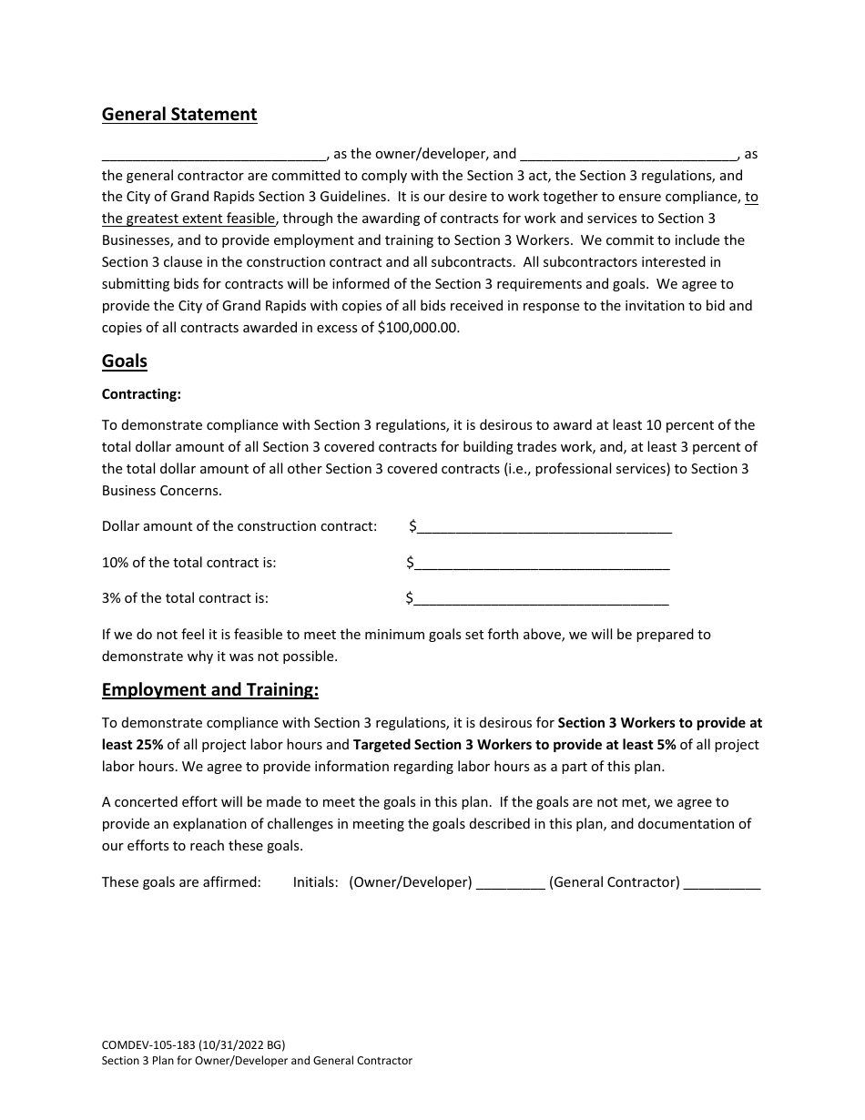 Form COMDEV-105-183 Section 3 Plan for Owner / Developer and General Contractor - City of Grand Rapids, Michigan, Page 2