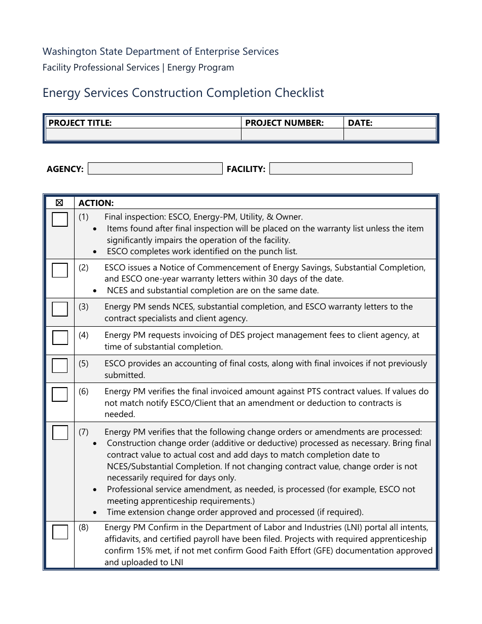 Washington Energy Services Construction Completion Checklist - Fill Out ...