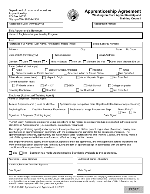 Form F100-016-000 Apprenticeship Agreement - Washington