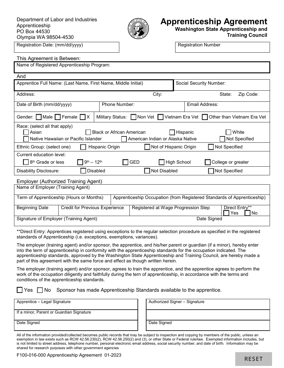Form F100-016-000 Apprenticeship Agreement - Washington, Page 1