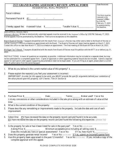 Grand Rapids Assessor's Review Appeal Form - Residential Real Property - City of Grand Rapids, Michigan Download Pdf