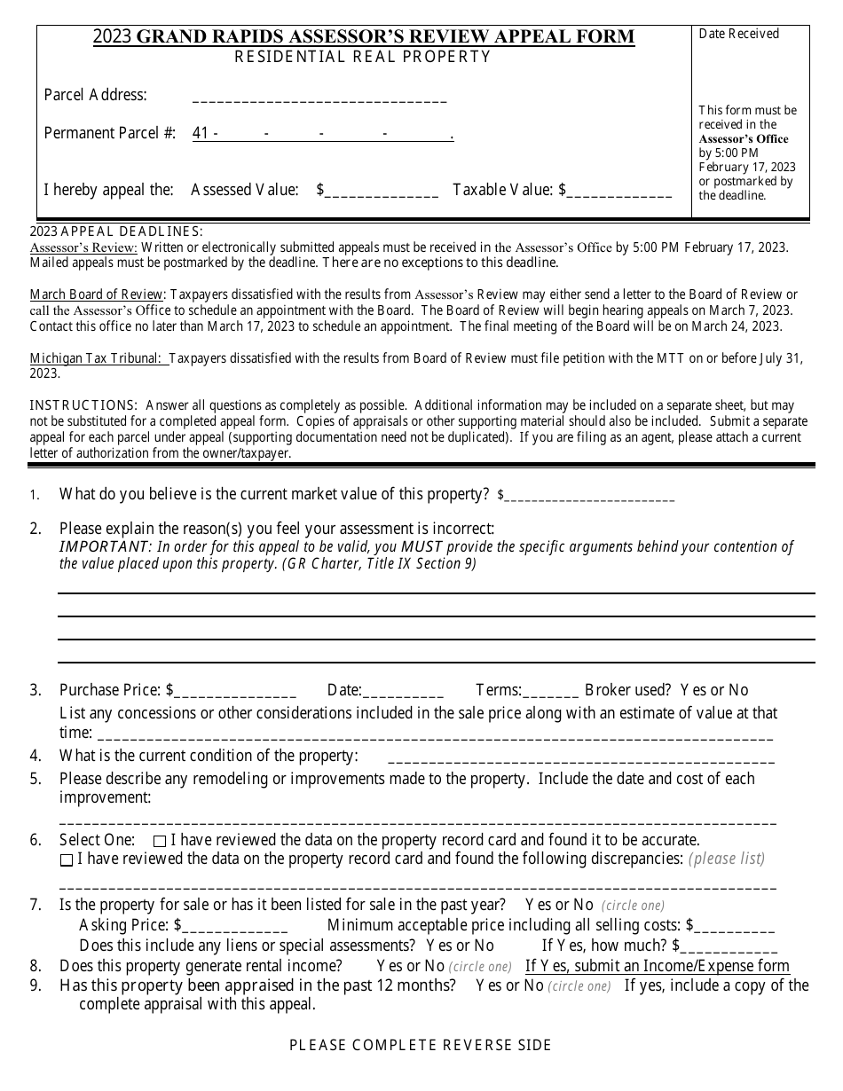 Grand Rapids Assessors Review Appeal Form - Residential Real Property - City of Grand Rapids, Michigan, Page 1