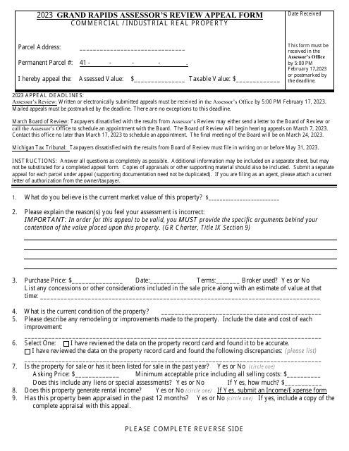 Grand Rapids Assessor's Review Appeal Form - Commercial/Industrial Real Property - City of Grand Rapids, Michigan, 2023