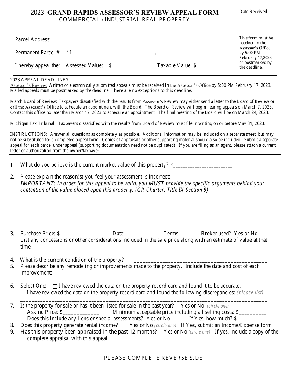 Grand Rapids Assessors Review Appeal Form - Commercial / Industrial Real Property - City of Grand Rapids, Michigan, Page 1