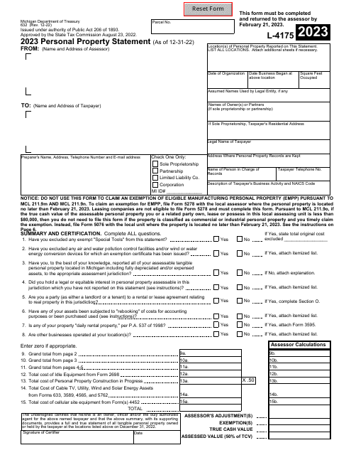 Form L-4175 (632) Personal Property Statement - Michigan, 2023