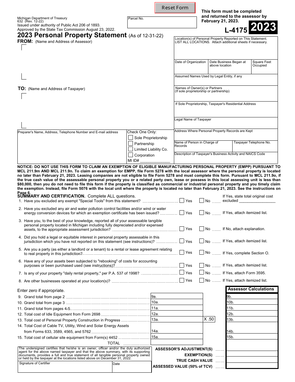 Form L-4175 (632) Personal Property Statement - Michigan, Page 1