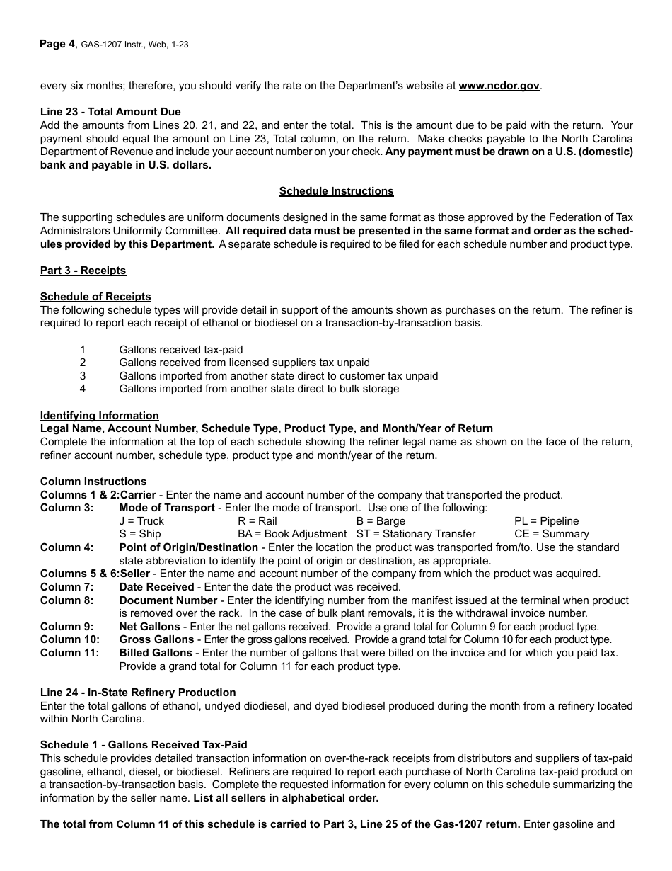 Instructions for Form GAS-1207 Refiner Return - North Carolina, Page 4
