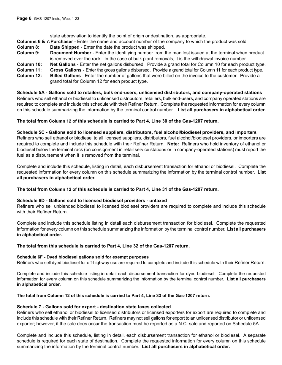 Instructions for Form GAS-1207 Refiner Return - North Carolina, Page 6