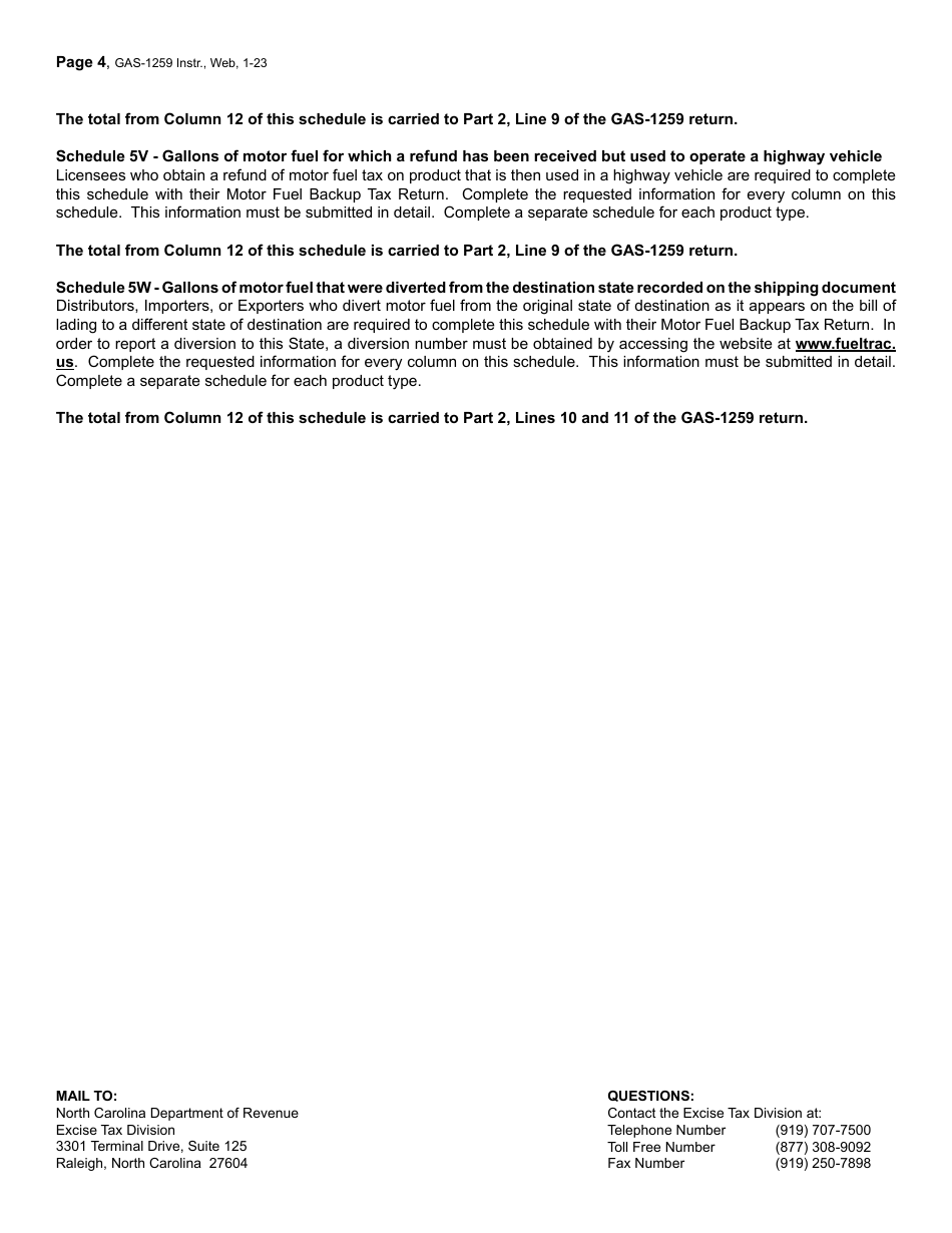 Instructions for Form GAS-1259 Motor Fuel Backup Tax Return - North Carolina, Page 4