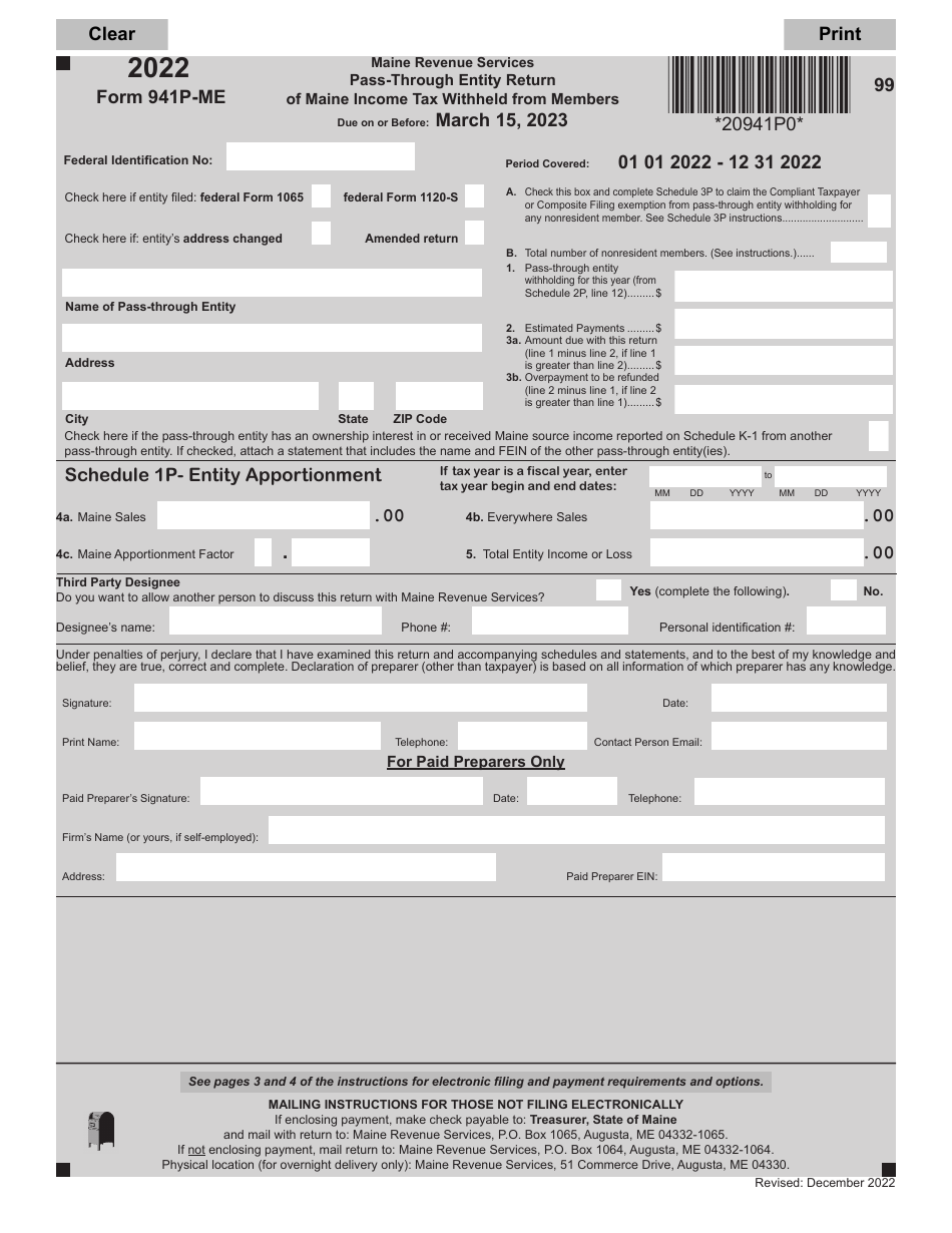 Form 941P-ME Pass-Through Entity Return of Maine Income Tax Withheld From Members - Maine, Page 1
