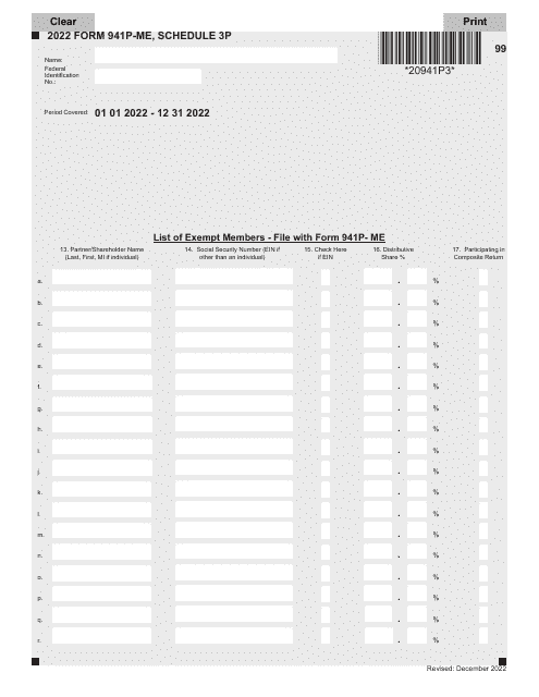 Form 941P-ME Schedule 3P 2022 Printable Pdf