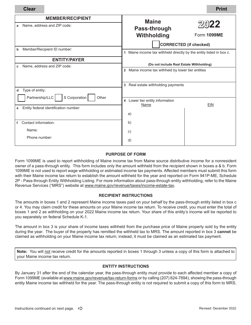 Form 1099ME Maine Pass-Through Withholding - Maine, Page 1