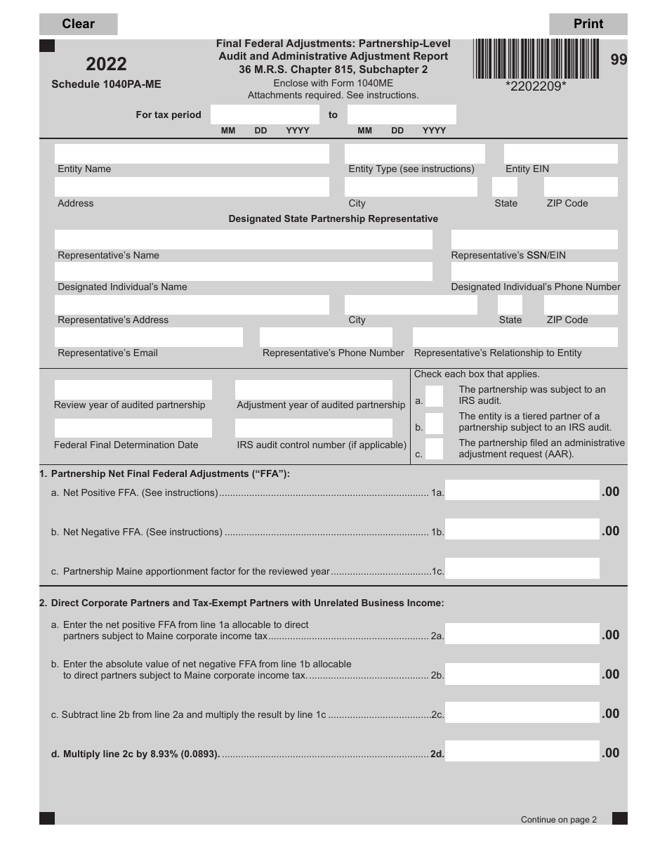 Schedule 1040PA-ME Final Federal Adjustments: Partnership-Level Audit and Administrative Adjustment Report - Maine, Page 1