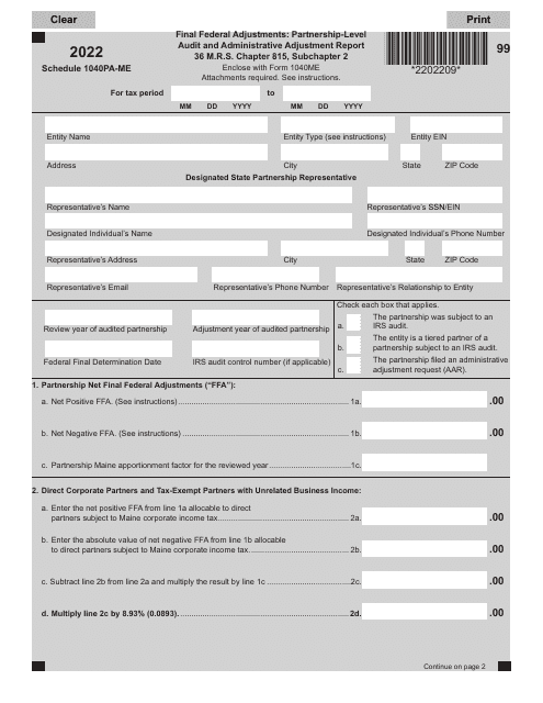 Schedule 1040PA-ME 2022 Printable Pdf