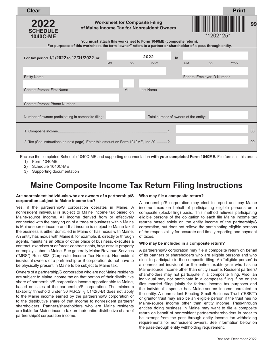 Schedule 1040C-ME Worksheet for Composite Filing of Maine Income Tax for Nonresident Owners - Maine, Page 1