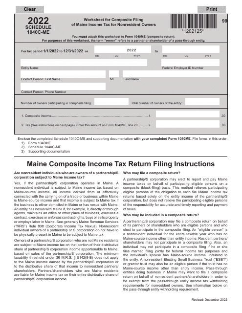 Schedule 1040C-ME Worksheet for Composite Filing of Maine Income Tax for Nonresident Owners - Maine, 2022