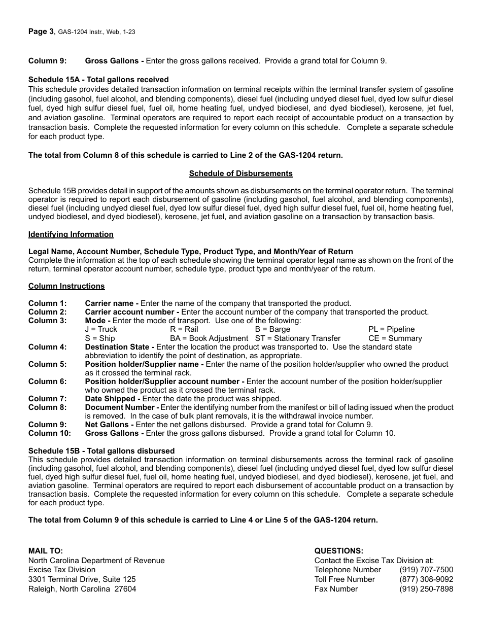 Instructions for Form GAS-1204 Motor Fuel Terminal Operator Return - North Carolina, Page 3