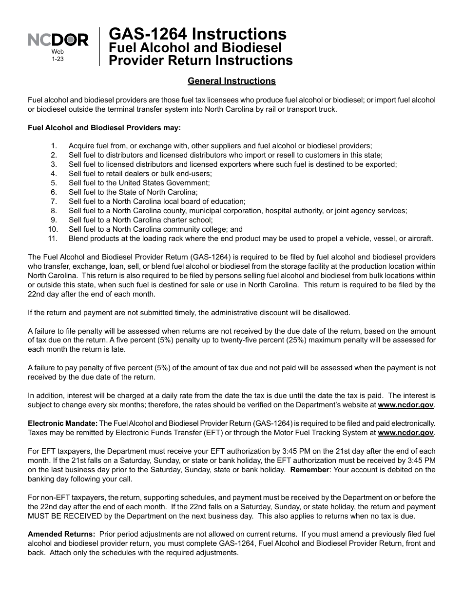 Instructions for Form GAS-1264 Fuel Alcohol and Biodiesel Provider Return - North Carolina, Page 1