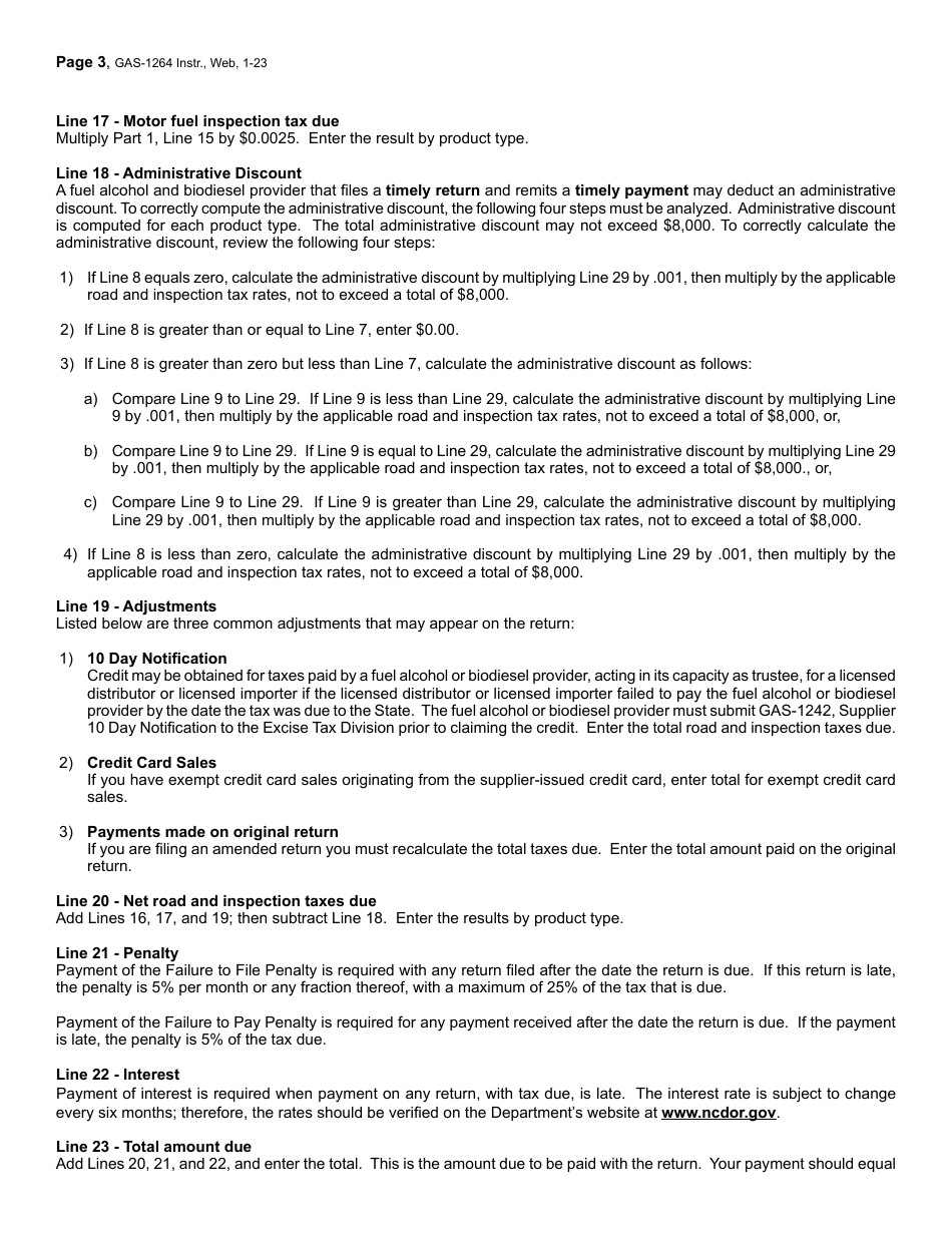 Instructions for Form GAS-1264 Fuel Alcohol and Biodiesel Provider Return - North Carolina, Page 3