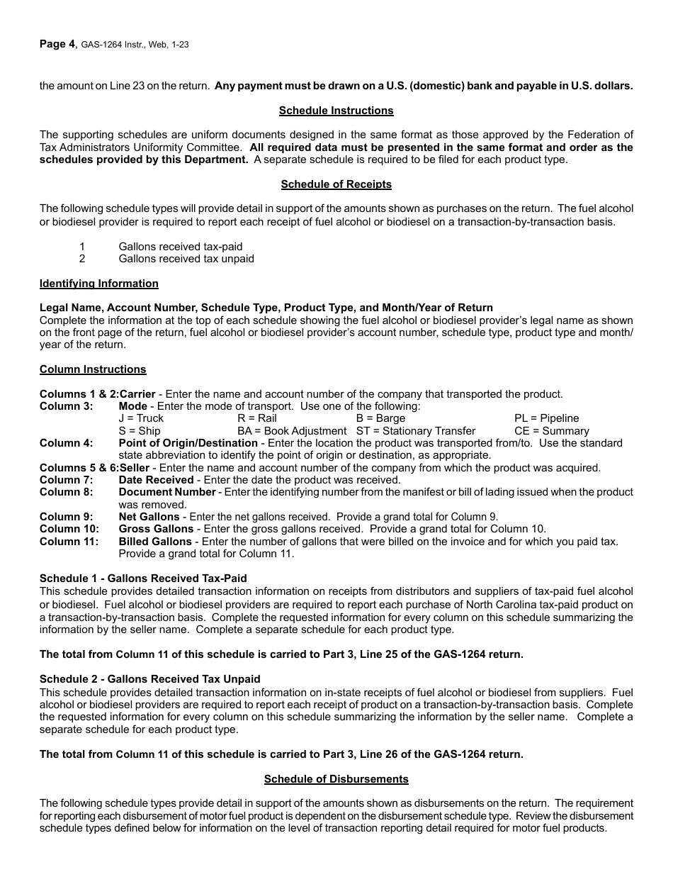 Instructions for Form GAS-1264 Fuel Alcohol and Biodiesel Provider Return - North Carolina, Page 4
