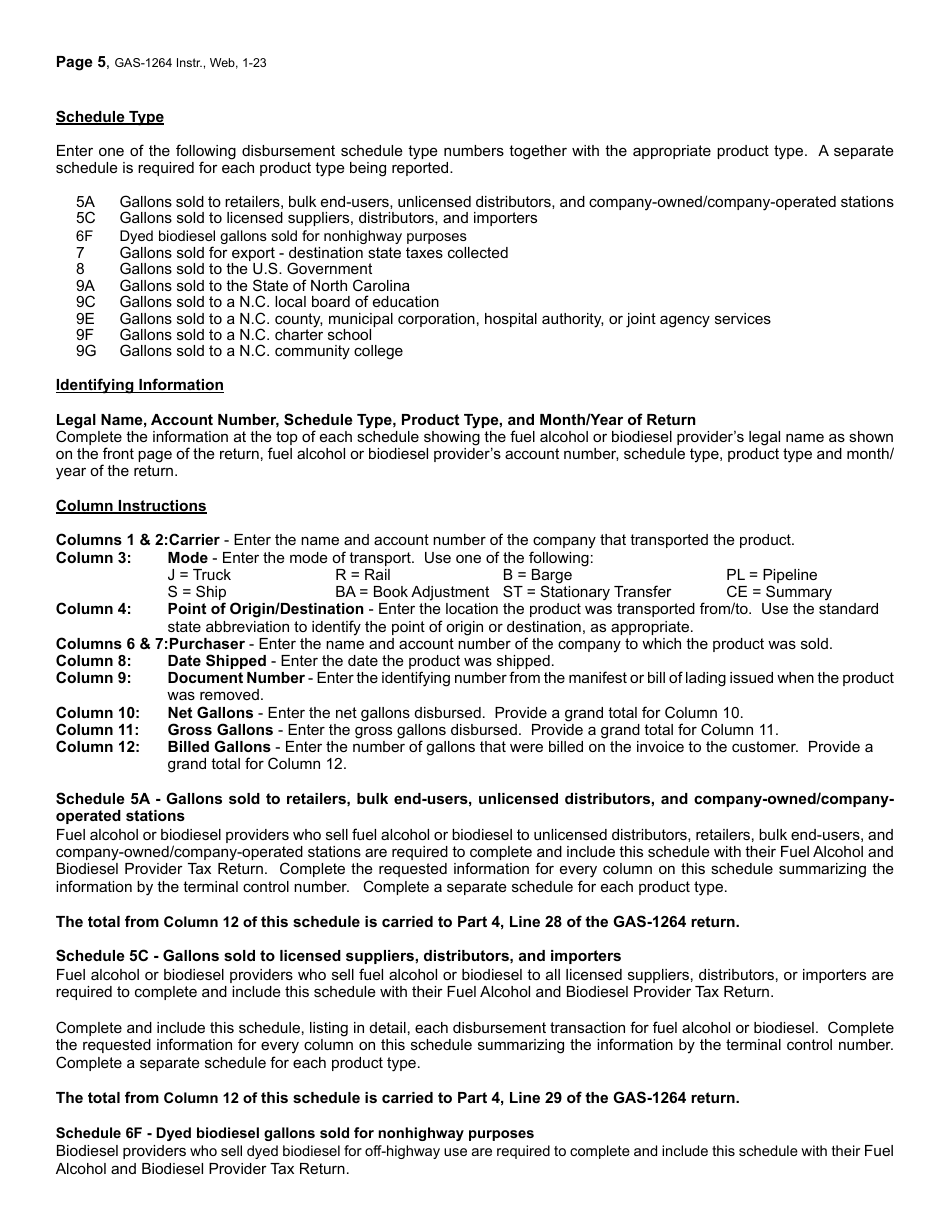 Instructions for Form GAS-1264 Fuel Alcohol and Biodiesel Provider Return - North Carolina, Page 5