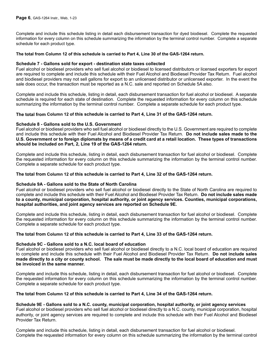 Instructions for Form GAS-1264 Fuel Alcohol and Biodiesel Provider Return - North Carolina, Page 6