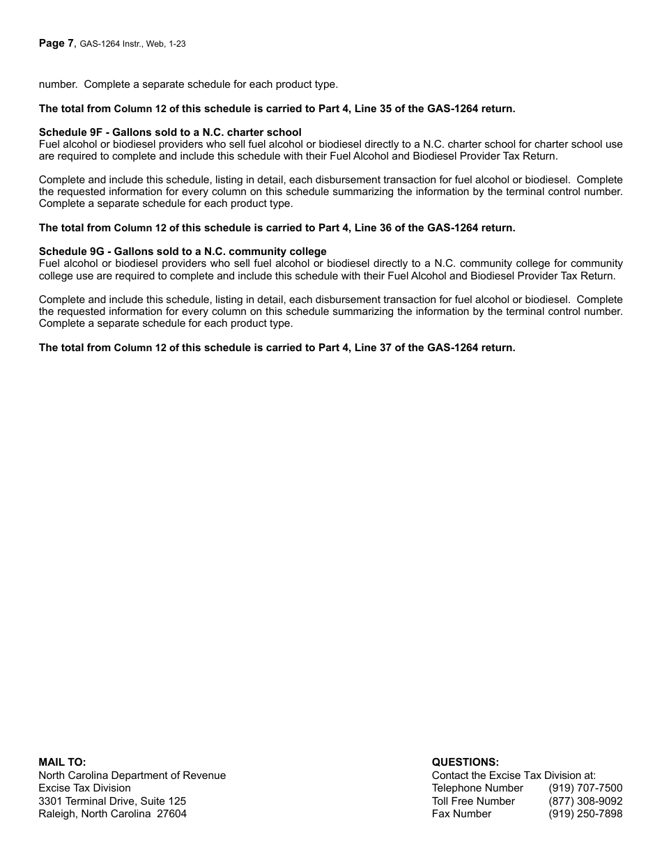 Instructions for Form GAS-1264 Fuel Alcohol and Biodiesel Provider Return - North Carolina, Page 7