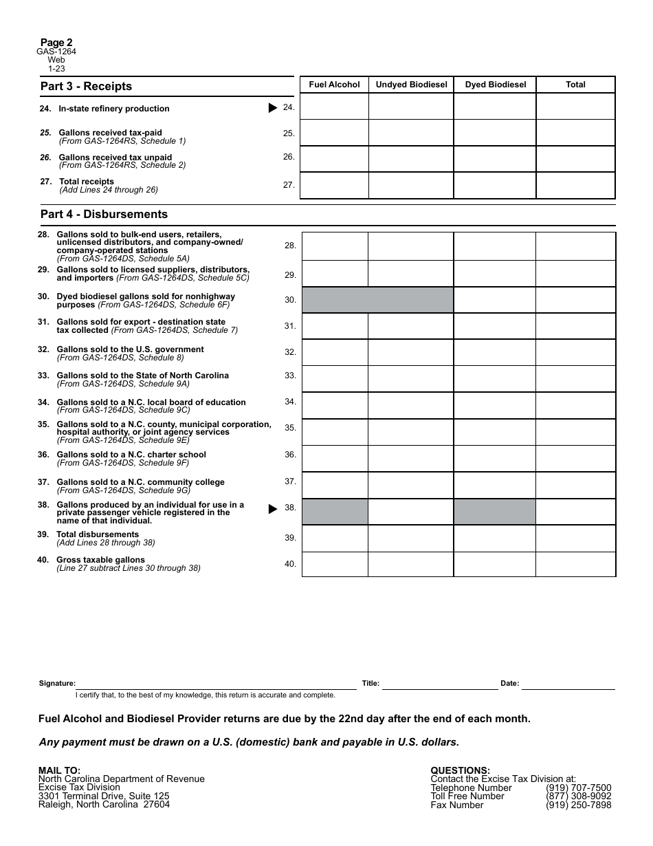 Form GAS-1264 Fuel Alcohol and Biodiesel Provider Return - North Carolina, Page 3