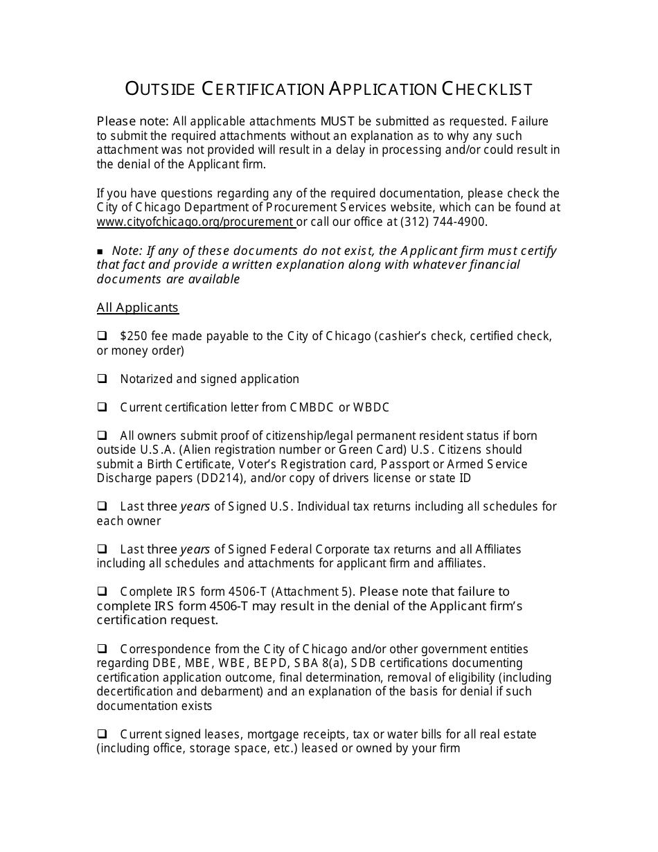 Outside Certification Application Checklist - City of Chicago, Illinois, Page 1
