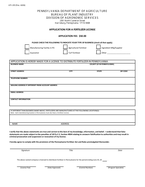 Form API-203 Application for a Fertilizer License - Pennsylvania
