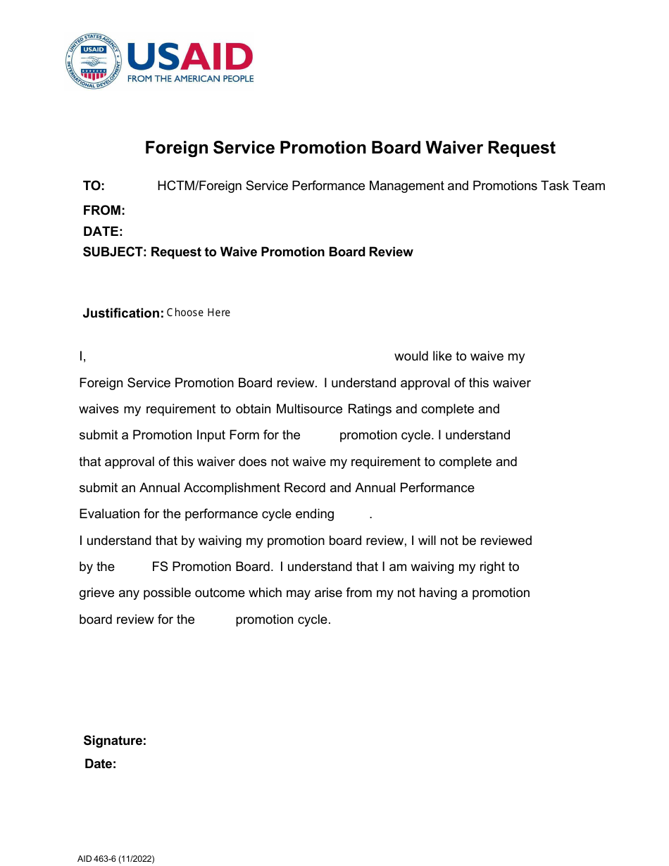 Form AID463-6 Foreign Service Promotion Board Waiver Request, Page 1