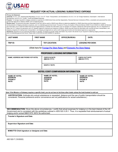 Form AID522-7 Request for Actual Lodging Subsistence Expense