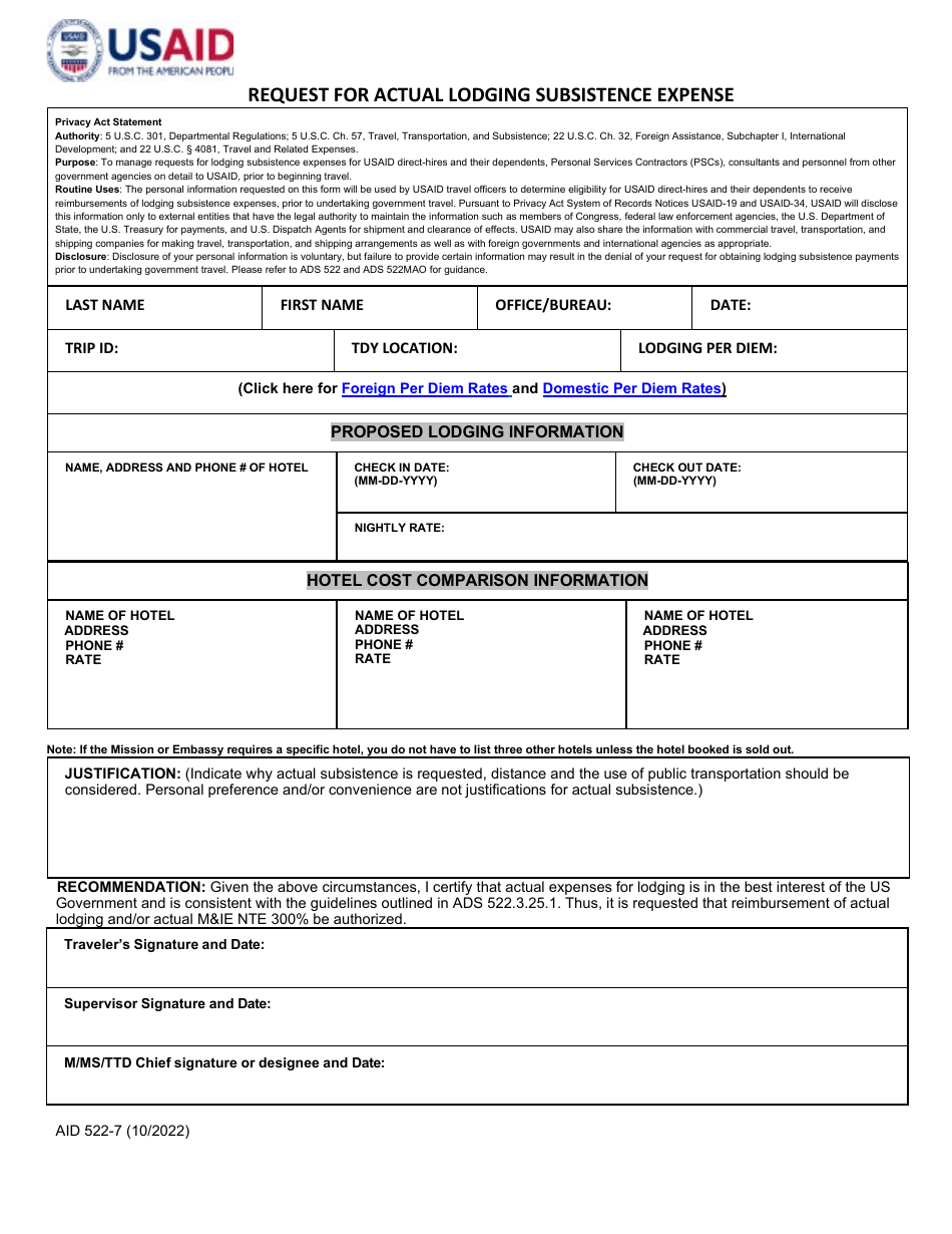 Form AID522-7 Request for Actual Lodging Subsistence Expense, Page 1