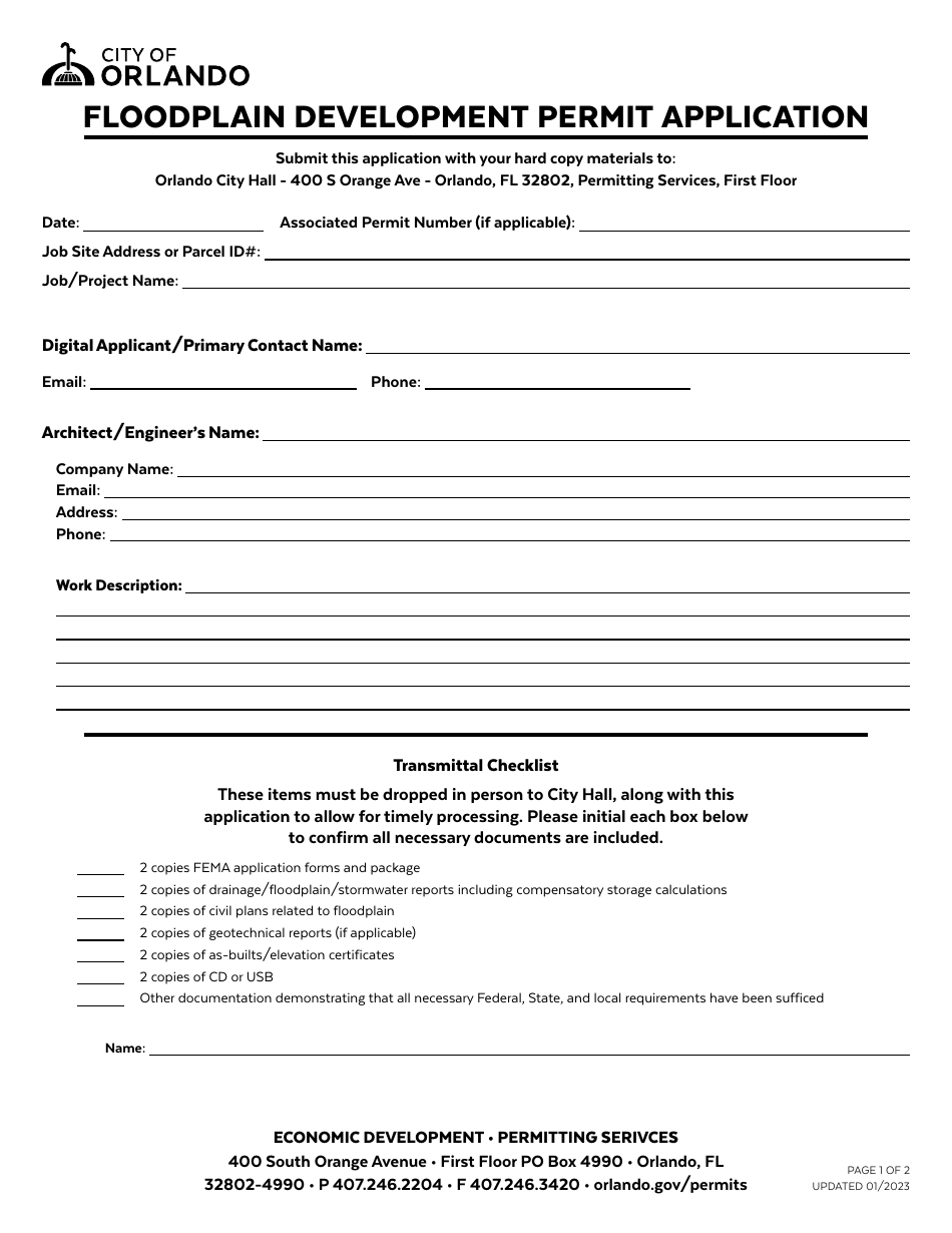 Floodplain Development Permit Application - City of Orlando, Florida, Page 1