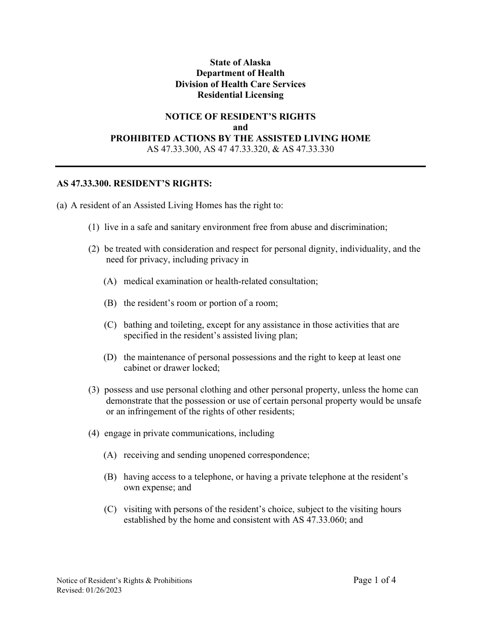 Notice of Residents Rights and Prohibited Actions by the Assisted Living Home - Alaska, Page 1