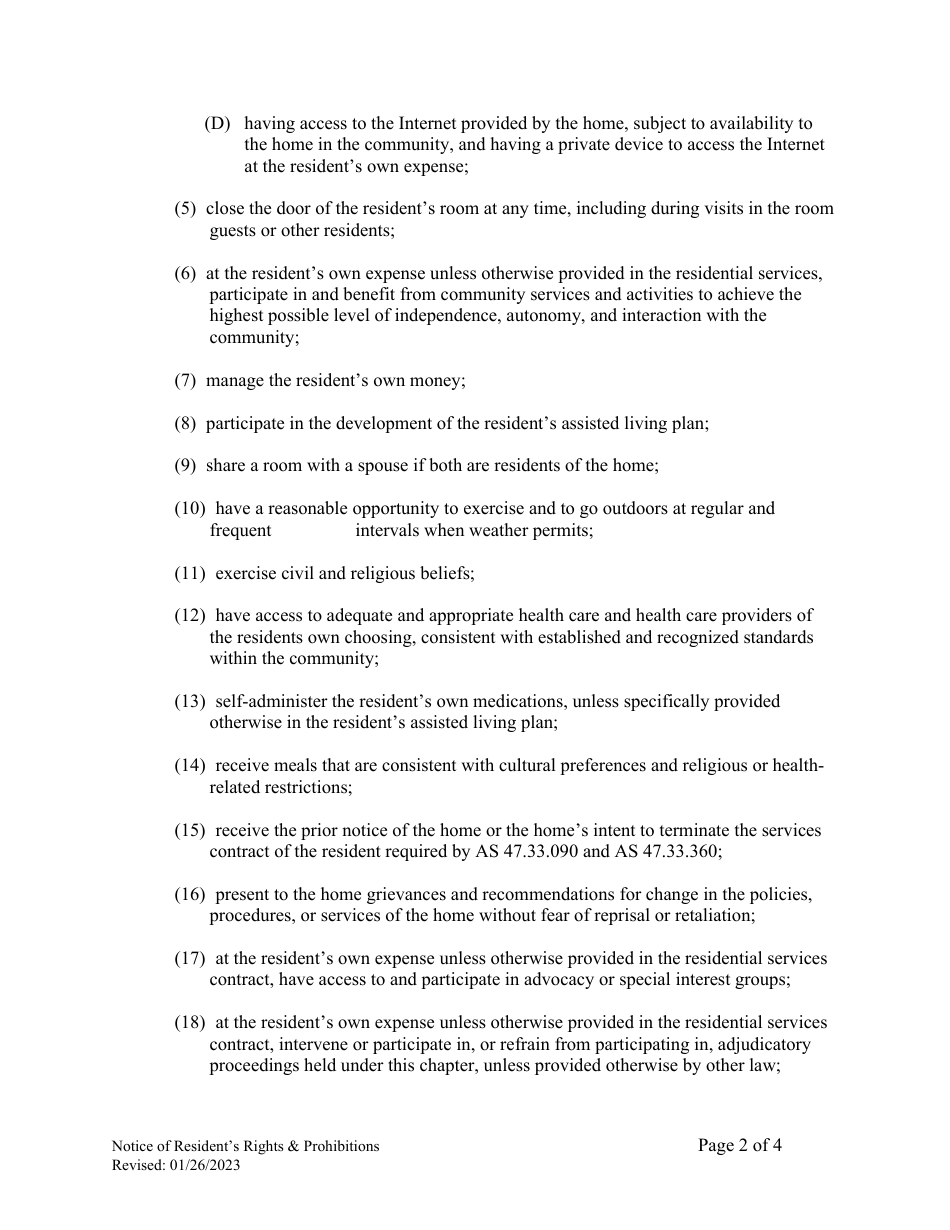 Notice of Residents Rights and Prohibited Actions by the Assisted Living Home - Alaska, Page 2