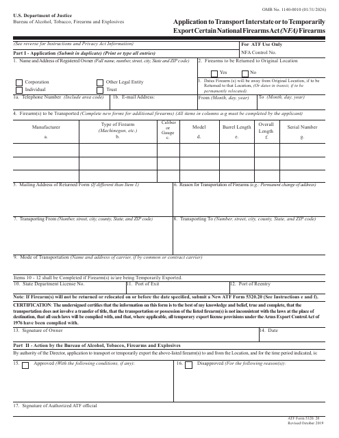 ATF Form 5320.20 Application to Transport Interstate or to Temporarily Export Certain National Firearms Act (Nfa) Firearms