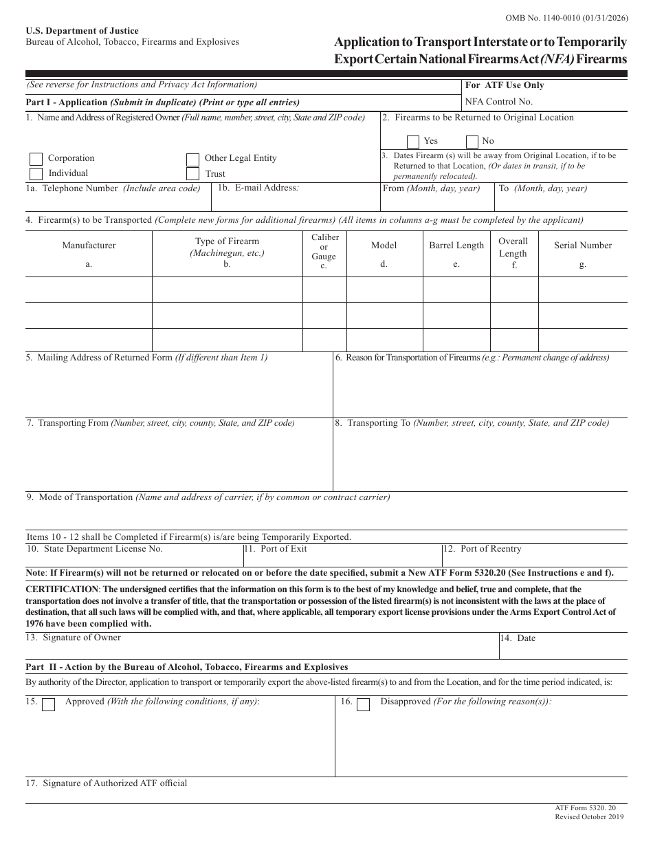 ATF Form 5320.20 Application to Transport Interstate or to Temporarily Export Certain National Firearms Act (Nfa) Firearms, Page 1