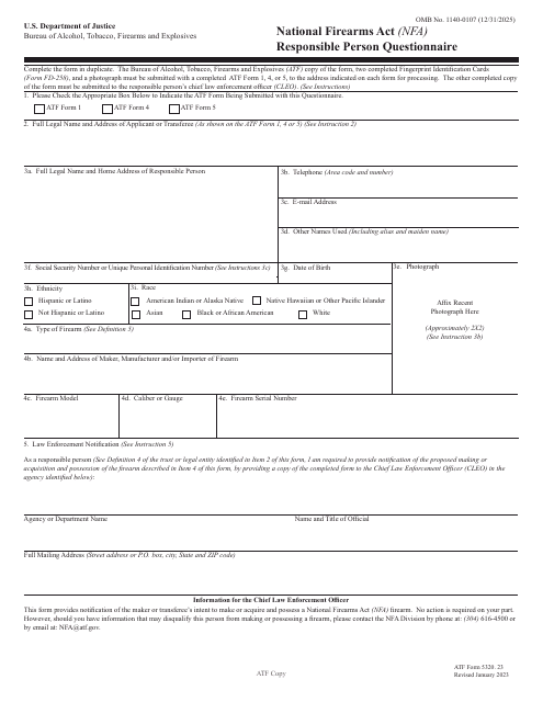 ATF Form 5320.23 National Firearms Act (Nfa) Responsible Person Questionnaire