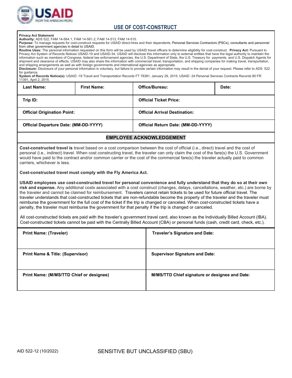 Form AID522-12 Use of Cost-Construct, Page 1
