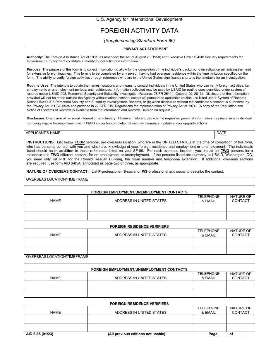 Form AID6-85 Foreign Activity Data, Page 1