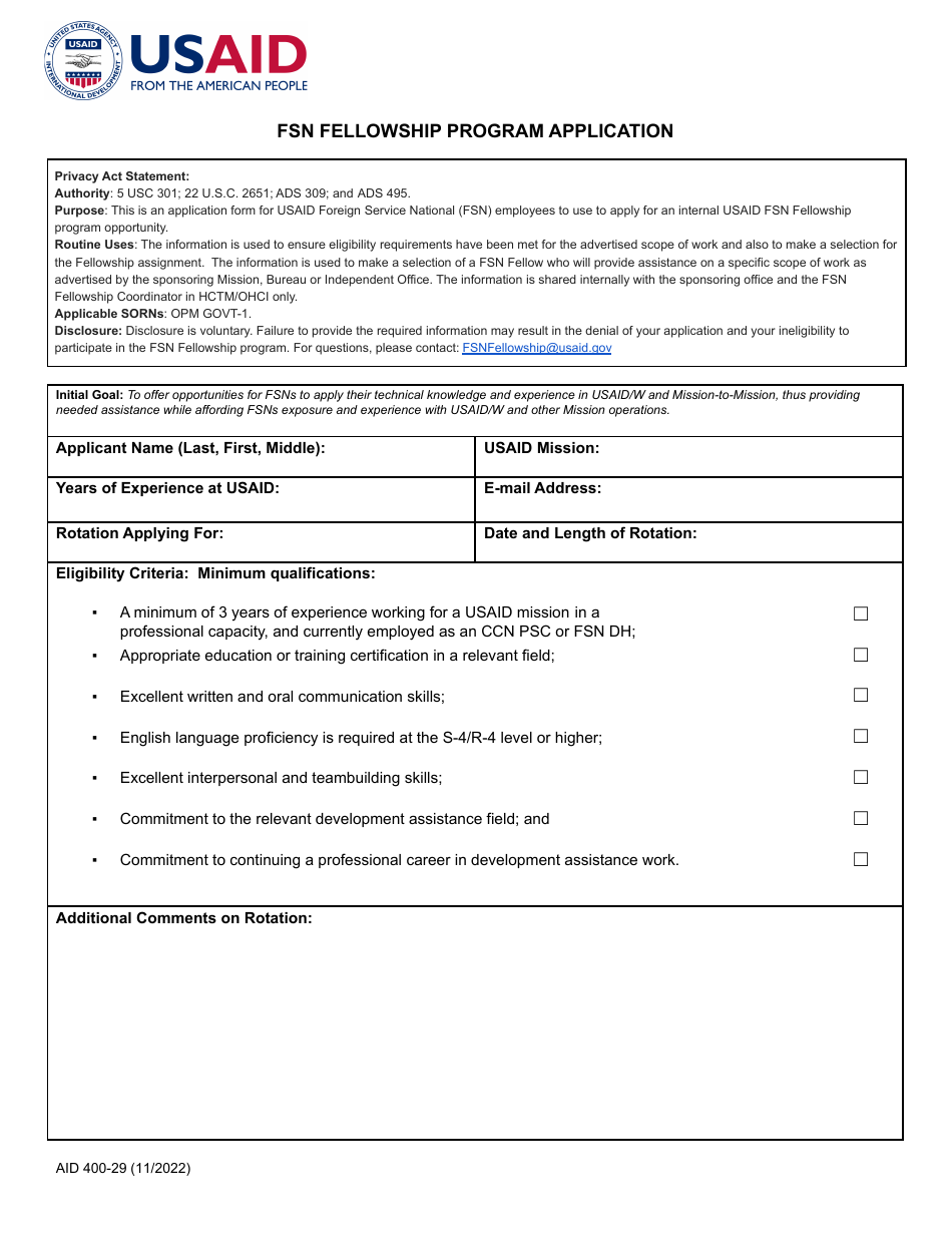 Form AID400-29 Fsn Fellowship Program Application, Page 1