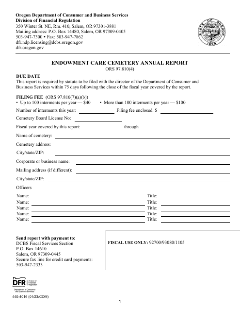 Form 440-4016 Endowment Care Cemetery Annual Report - Oregon