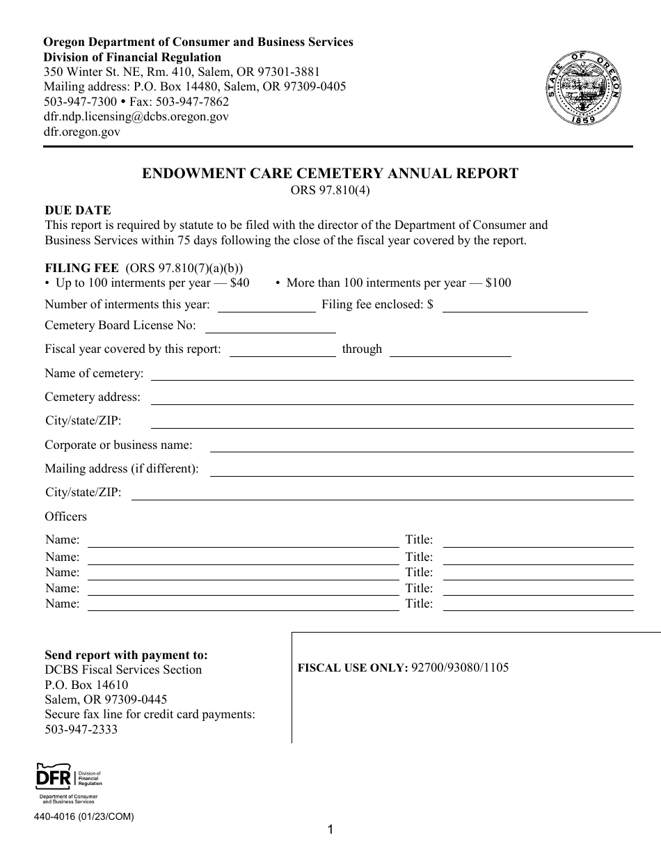 Form 440-4016 Endowment Care Cemetery Annual Report - Oregon, Page 1