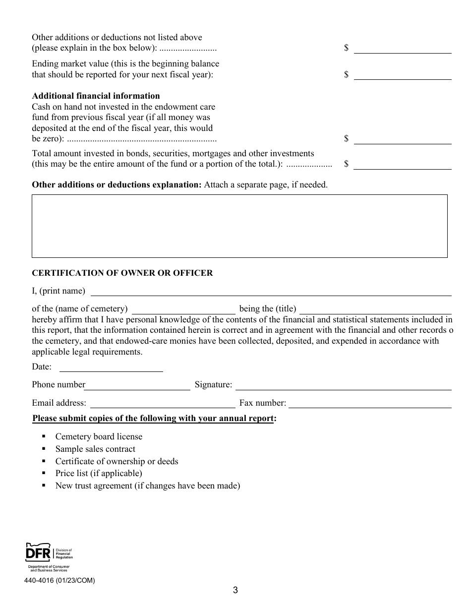 Form 440-4016 Endowment Care Cemetery Annual Report - Oregon, Page 3